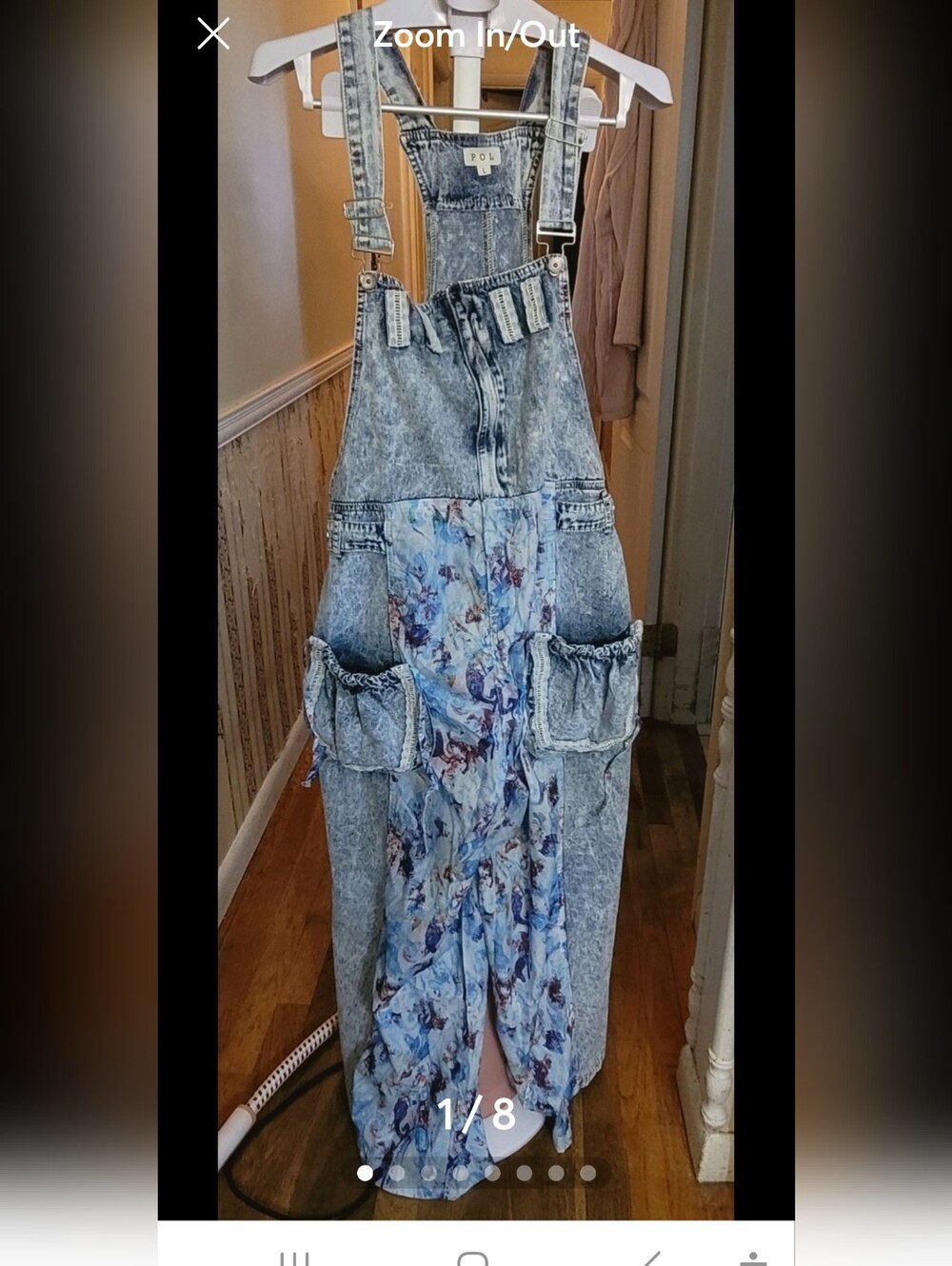 POL new Acid Wash Denim Overalls with Blue Floral Panel